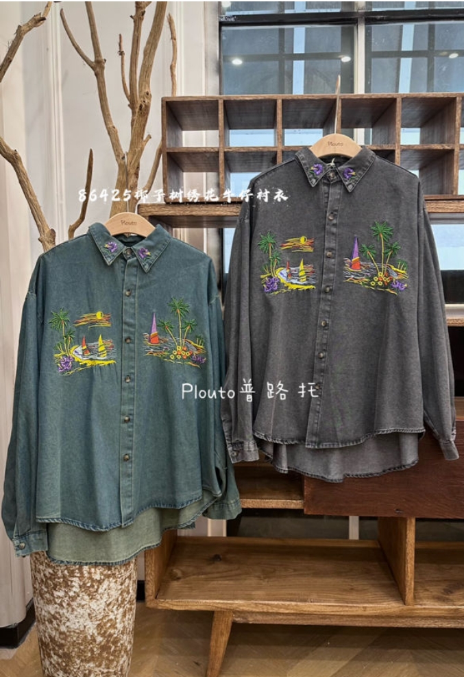 MM#86425#椰子树绣花牛仔衬衣 FL