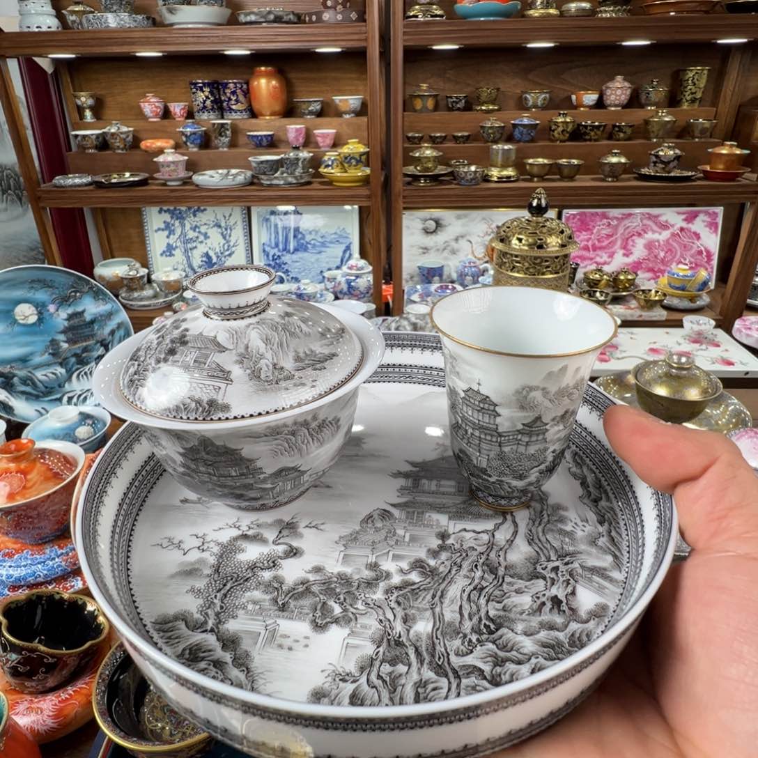 風*墨彩楼阁山水三件套