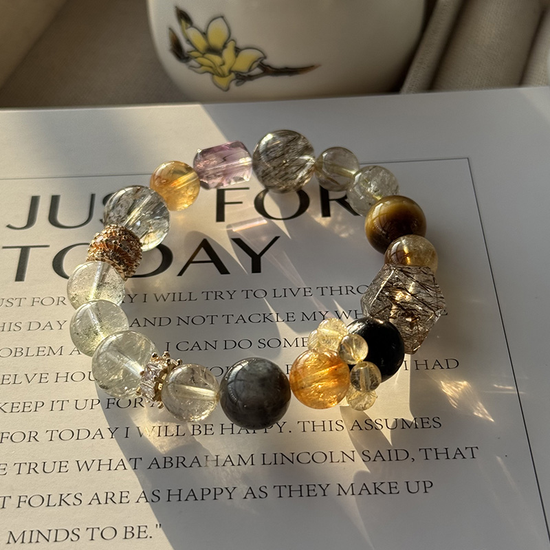 四大金刚大满贯 渐变黄水晶金发晶黑晶超七水晶柱虎眼石手链