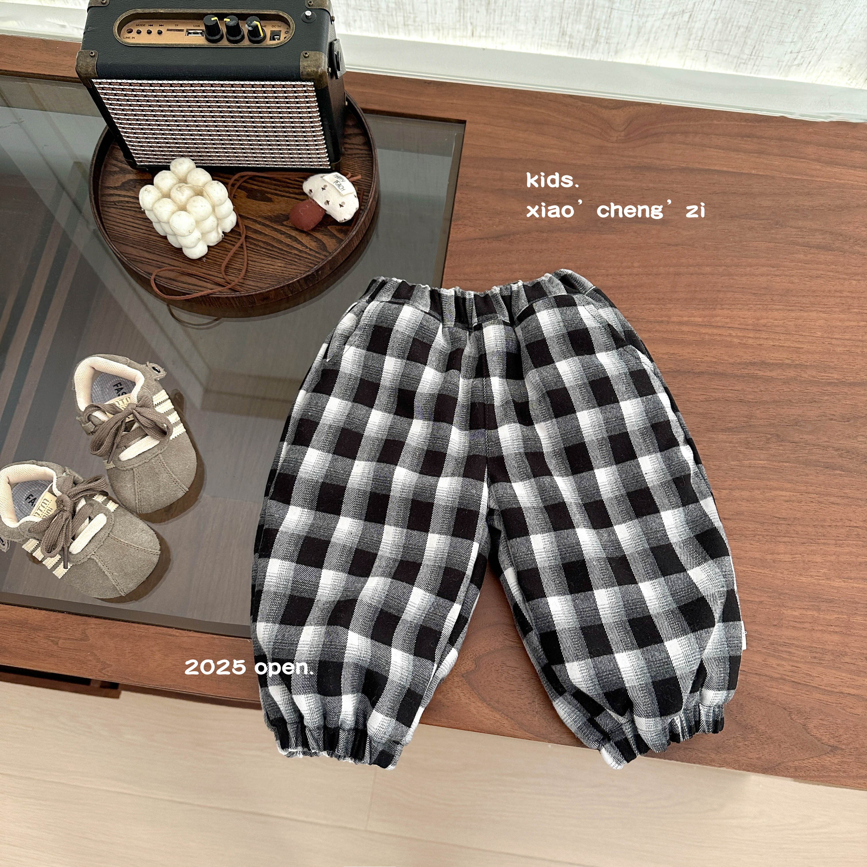 T25D191秋冬款大格子长裤裤子加厚加绒男女童通用韩版休闲裤外穿