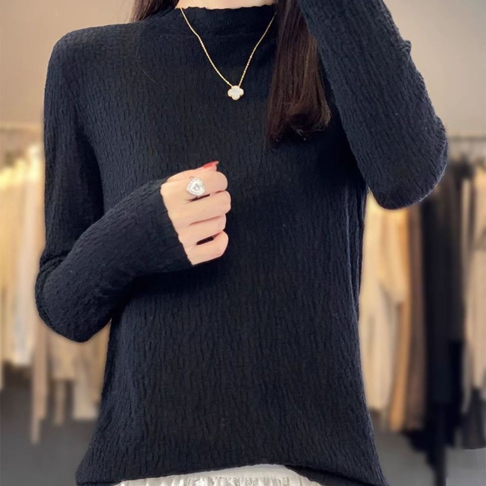 树皮边半高领长袖针织打底衫2025年新款女修身内搭百搭毛衫上衣