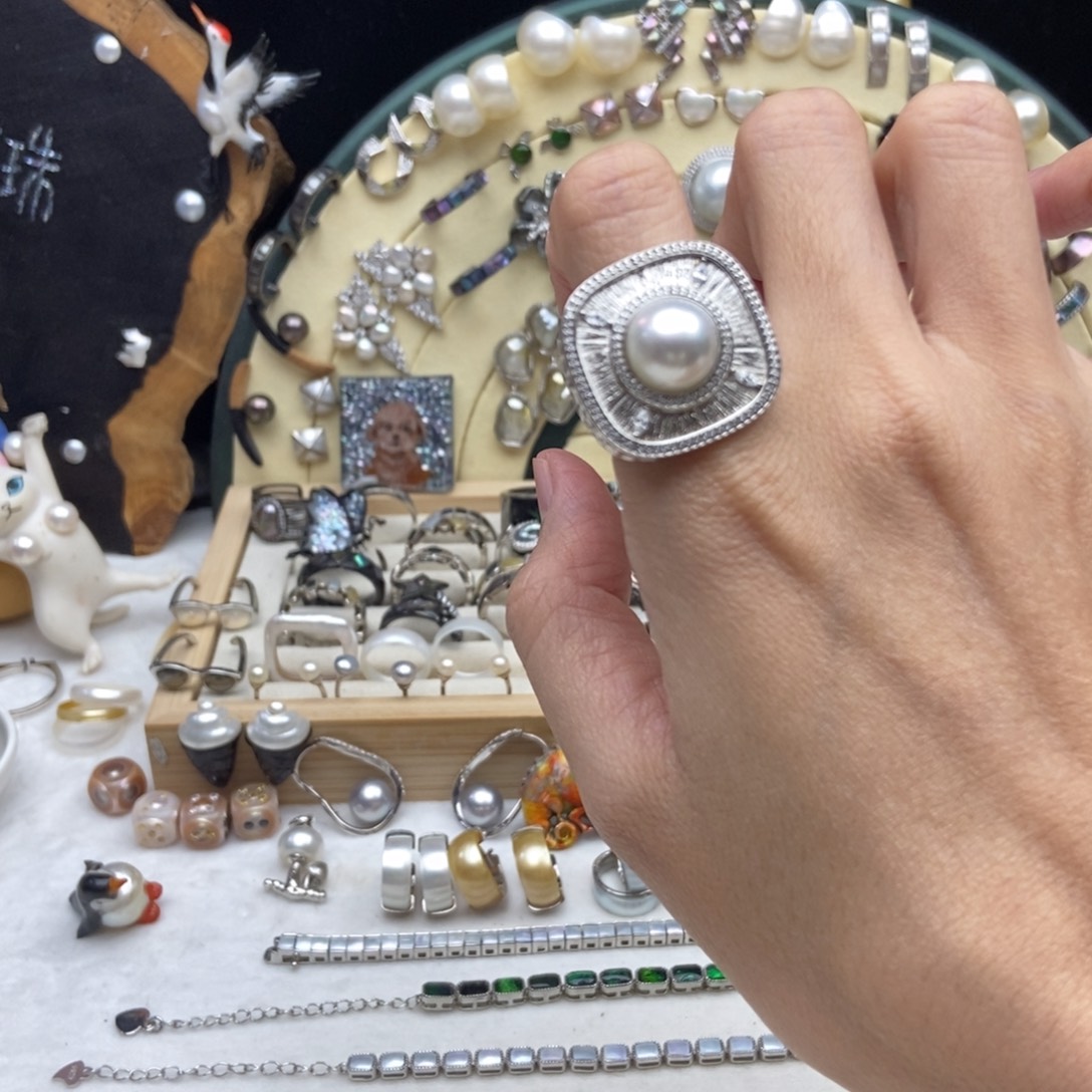 海水珍珠银S925镶嵌画框冷光澳白珍珠戒指