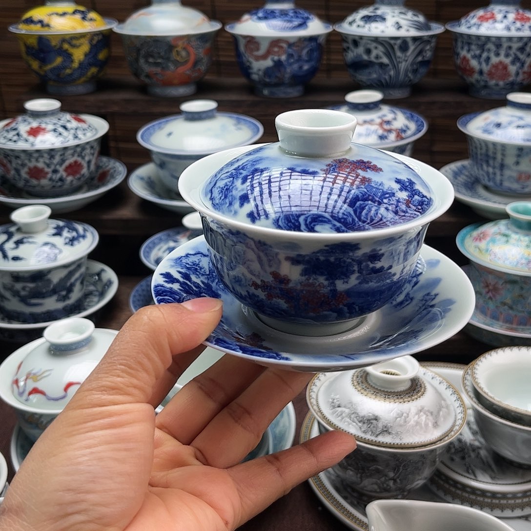 摆件陶景德镇陶瓷三才盖碗