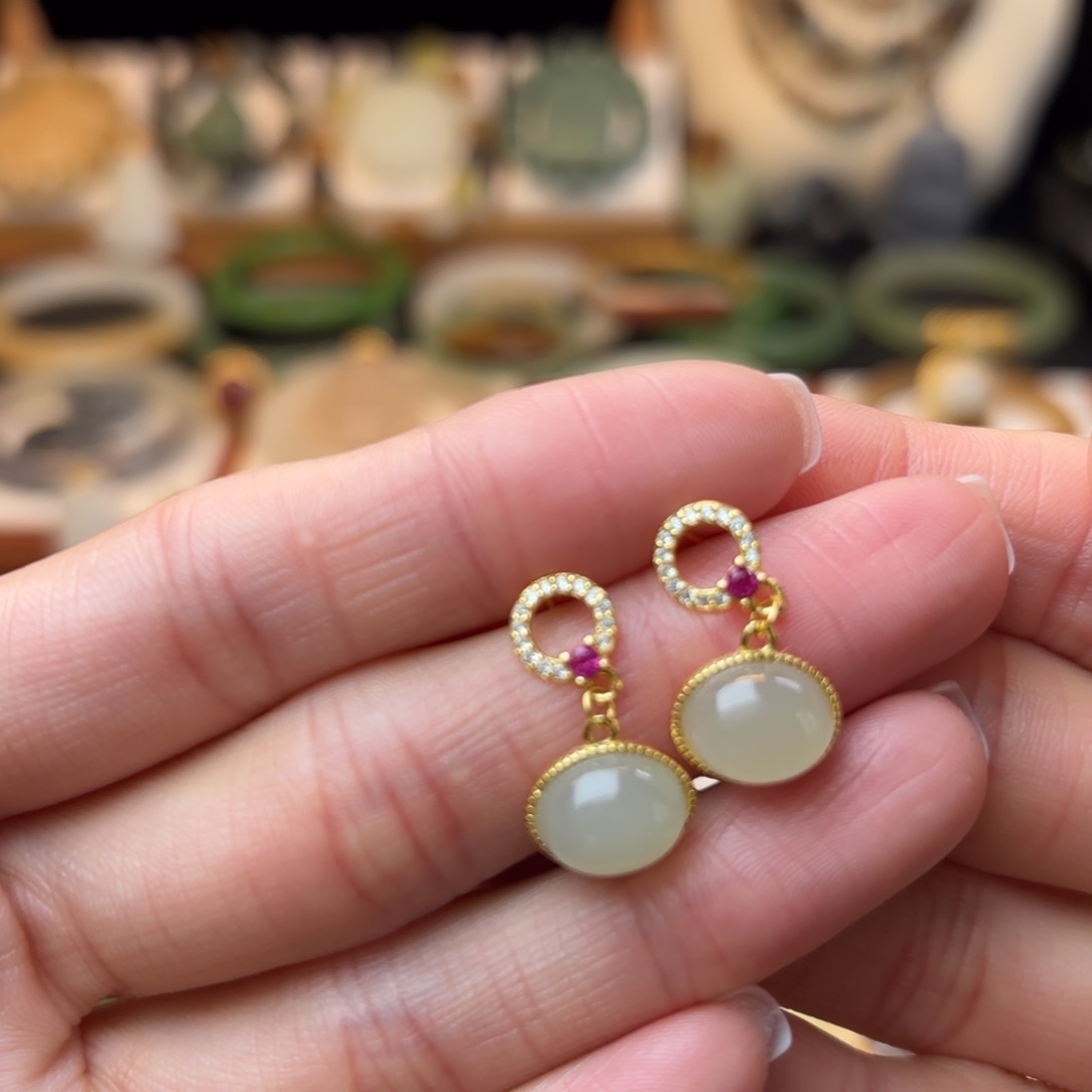 和田玉耳饰银S925镶嵌