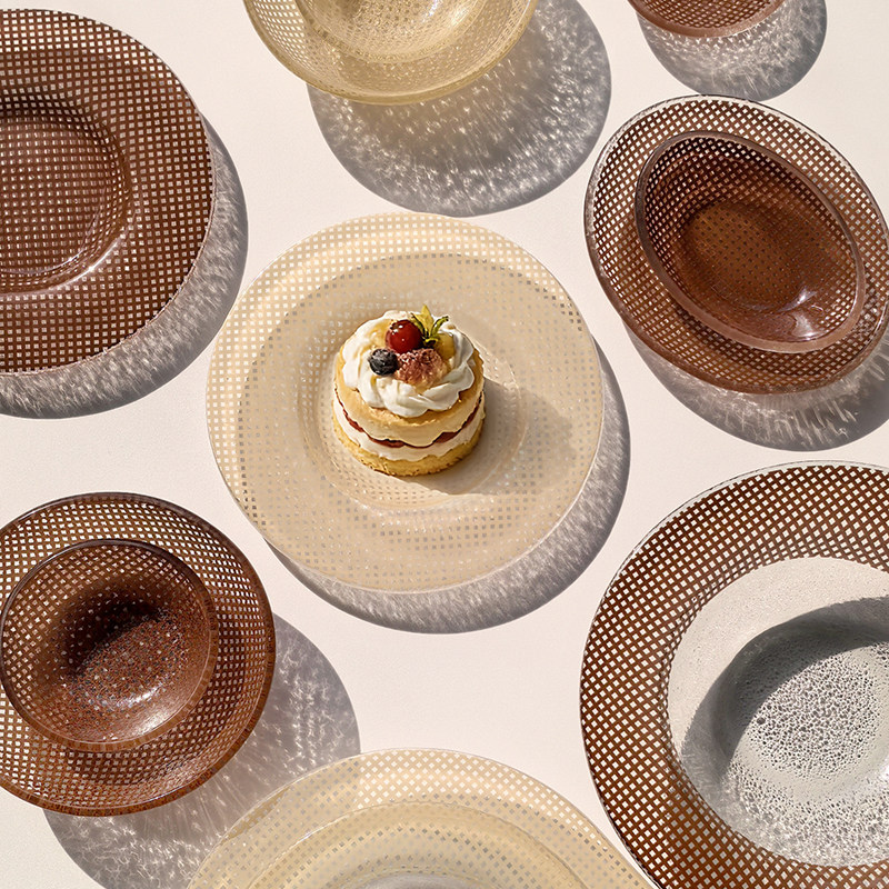 态生活 轻奢ins风米咖色玻璃餐具套装高颜值盘子家用甜品碗碟菜盘