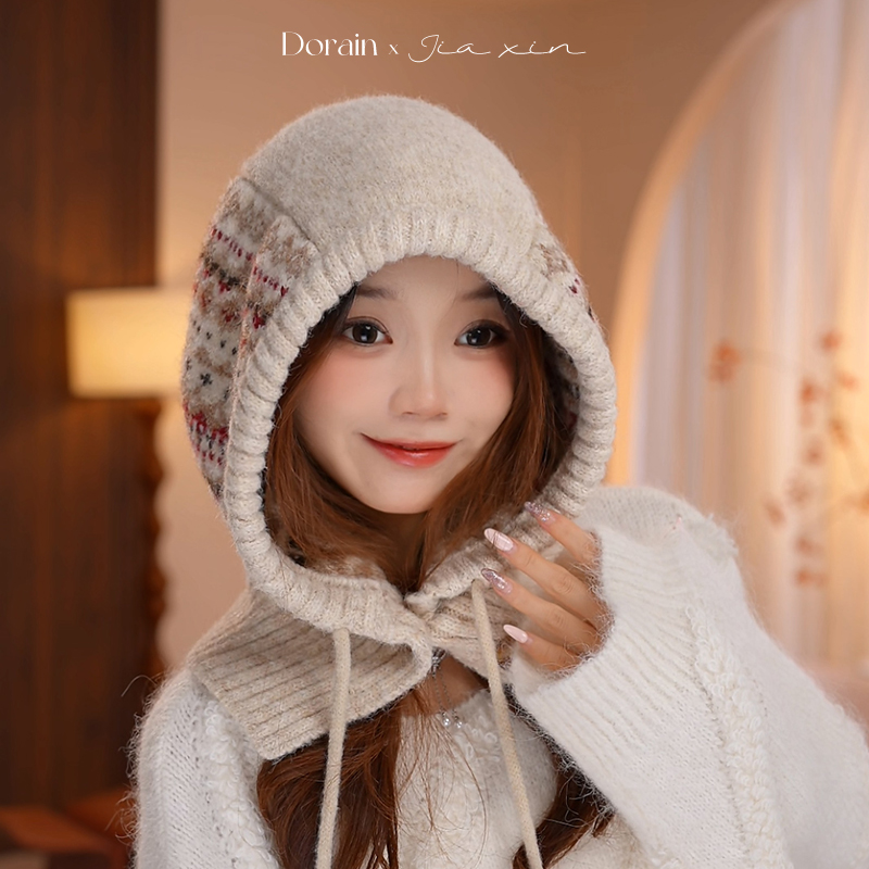 Dorain朵2025新款爆款针织毛线帽子围巾一体韩系百搭套头帽女