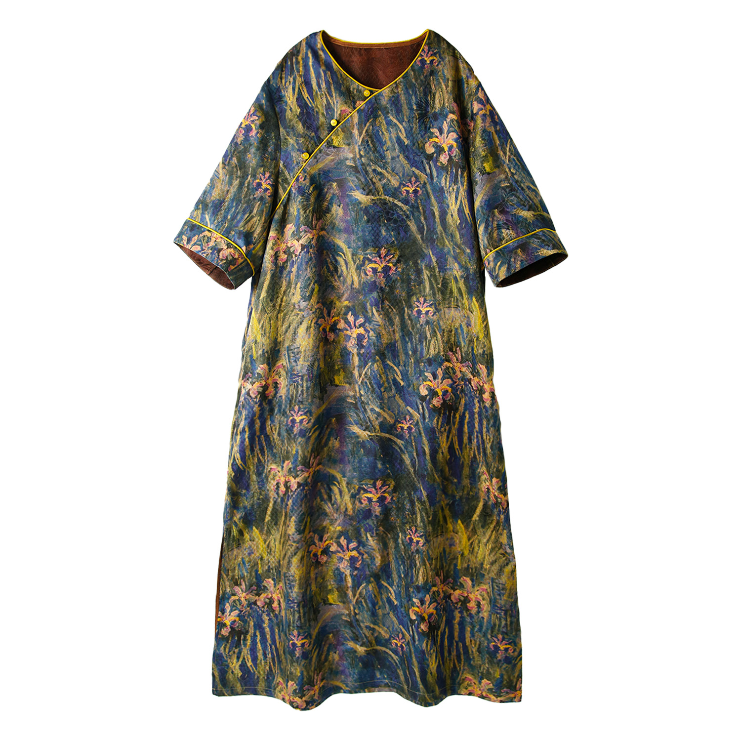 25姆满桑红云纱花罗群青紫UMA树叶V领斜襟改良国风旗袍12394-3