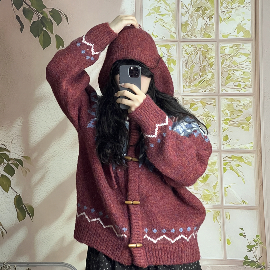 日系 费尔岛毛衣连帽针织长袖复古女冬季毛针织衫开衫红色毛衣