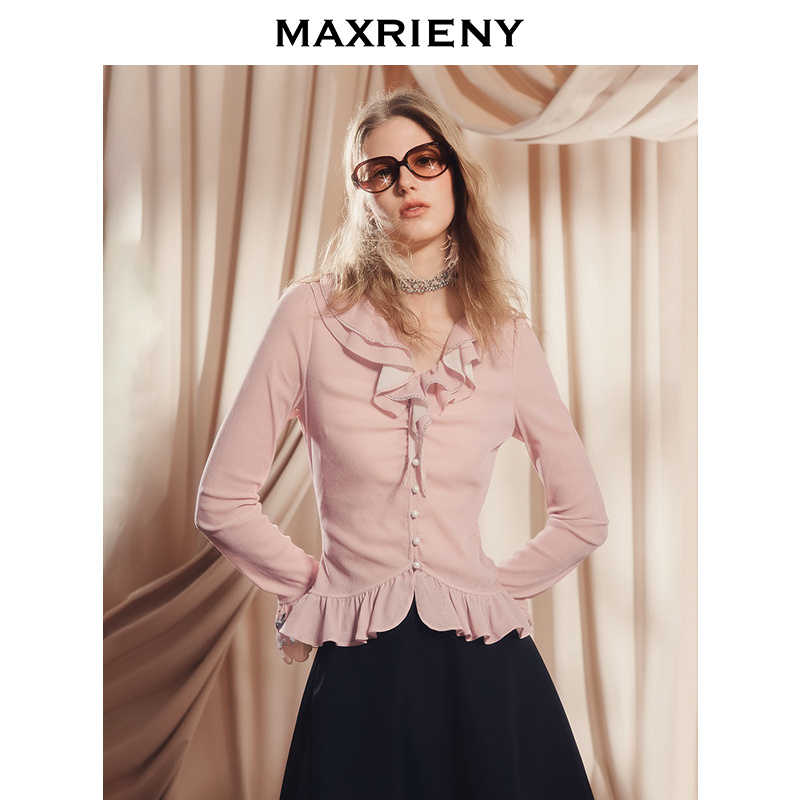 【商场同款】MAXRIENY法式复古穿搭25秋款荷叶边领收腰长袖上衣女