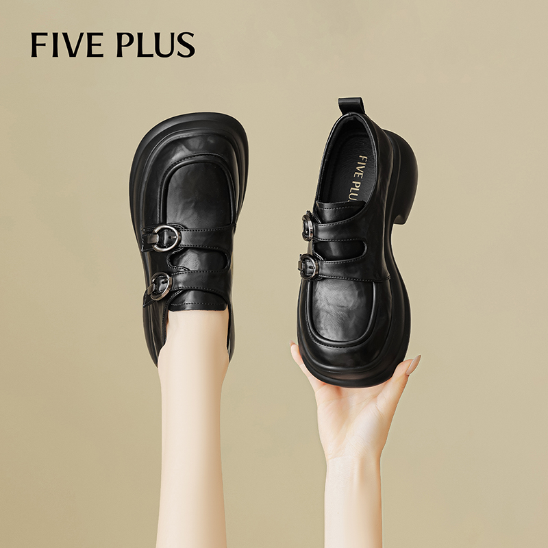 FIVE PLUS黑色乐福鞋女2025年秋新款时尚一脚蹬黑色配裙子小皮鞋