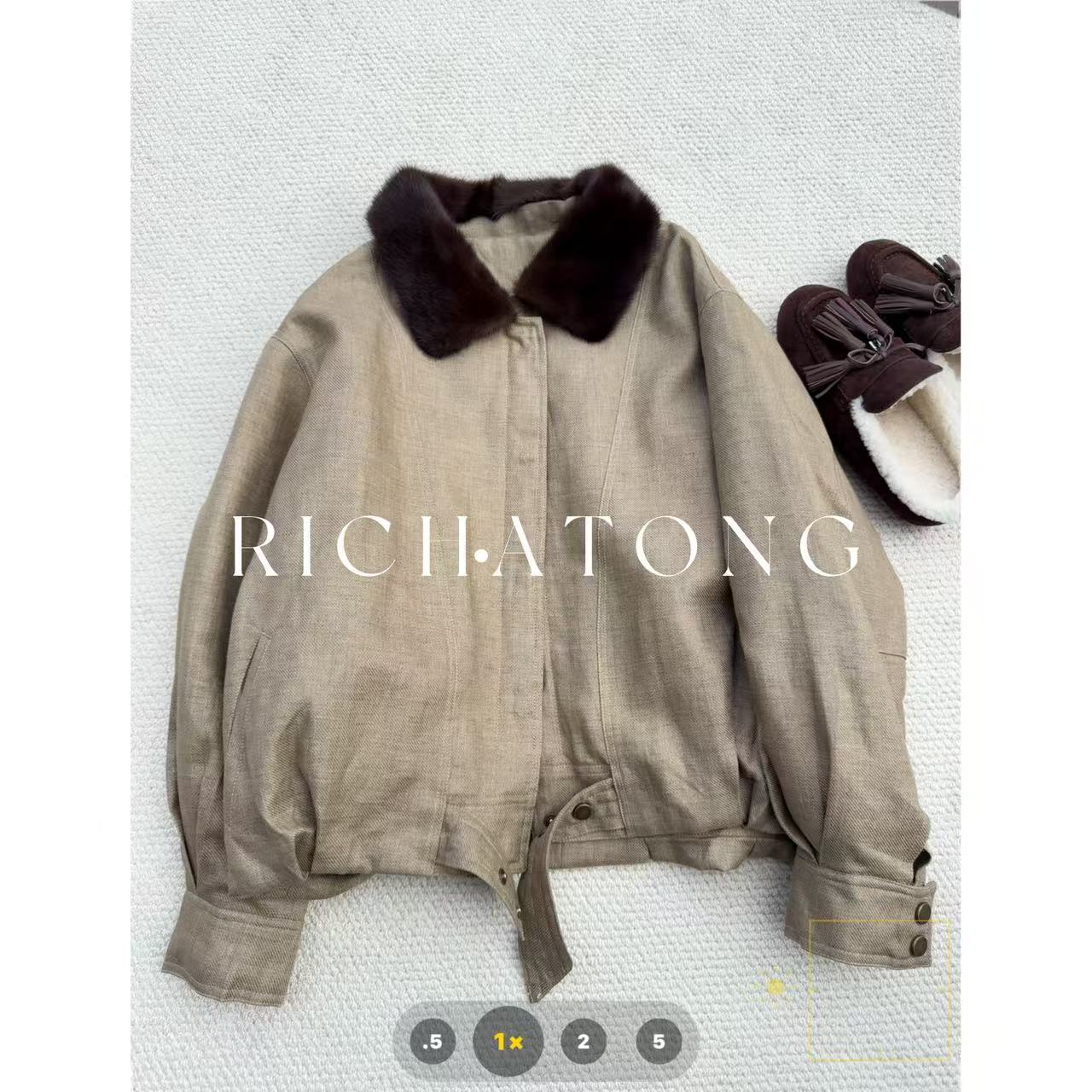 RICH ATONG.-【亚麻鹅】-2025水貂领进口亚麻面料90白鹅绒服1022-17