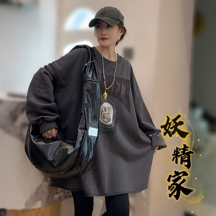 1919【妖精家】秋上新韩版复古做旧字母宽松大码休闲长袖卫衣女