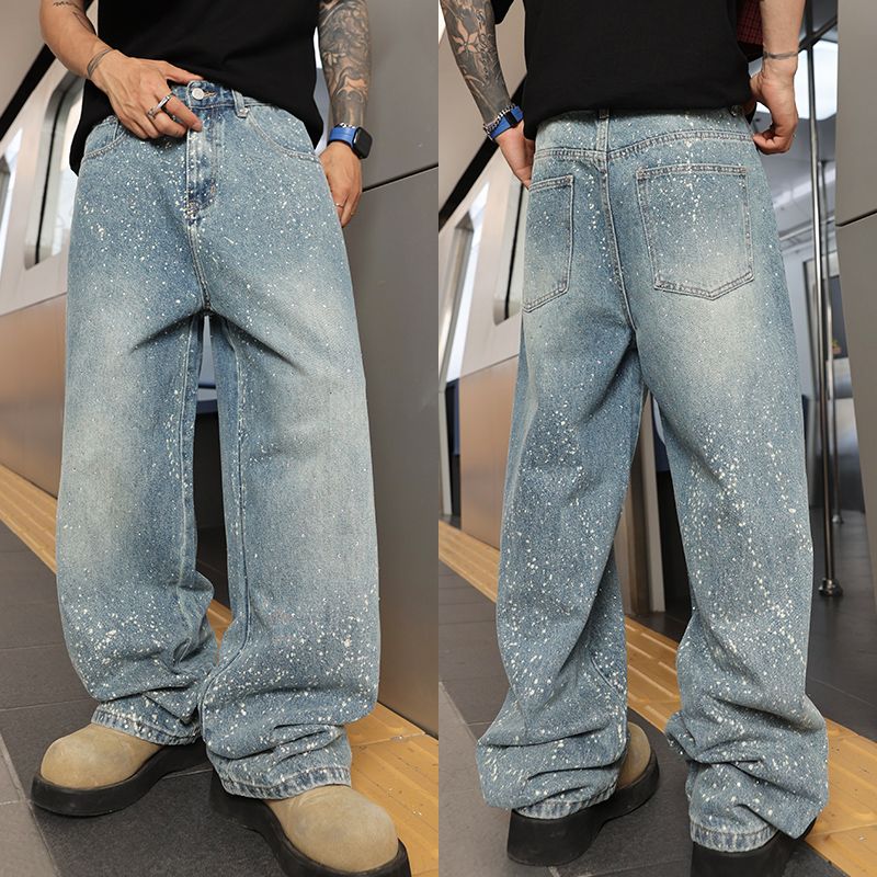 巴黎风阔版满天星烫钻牛仔裤男款设计感潮牌高级感男士宽松阔腿裤