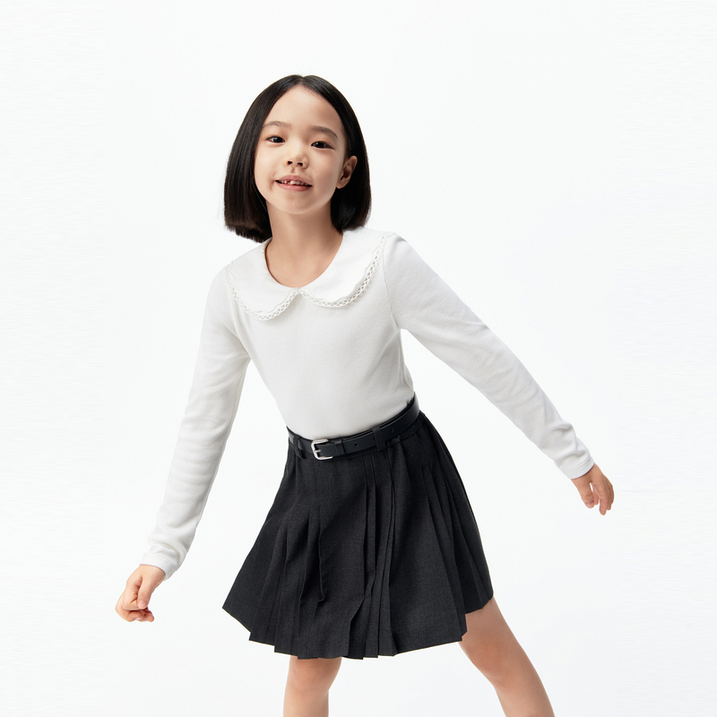 littlemoco童装26春装新款女童绣花娃娃领长袖打底T恤弹力