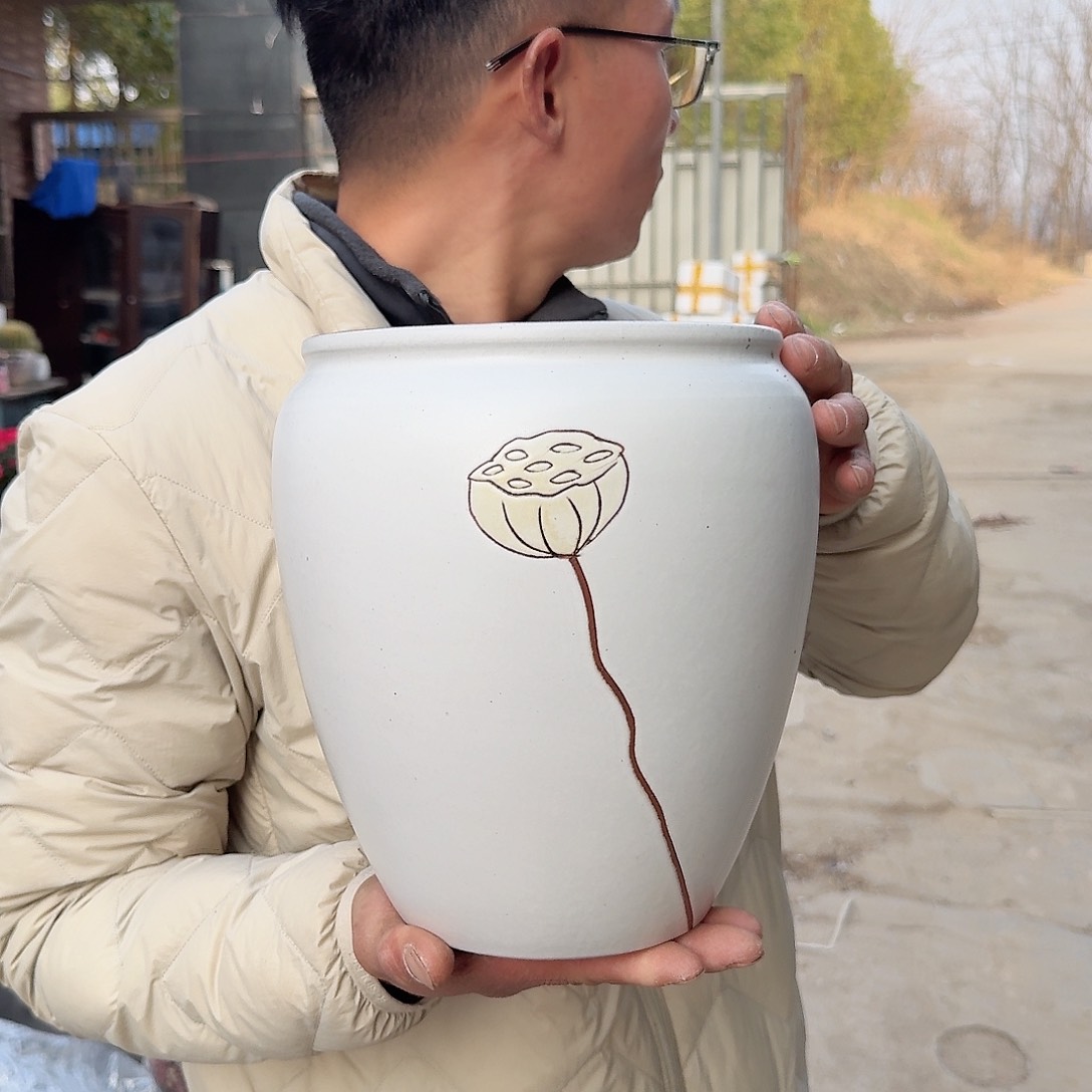 紫砂花盆口18高23（一个莲子白色刻绘