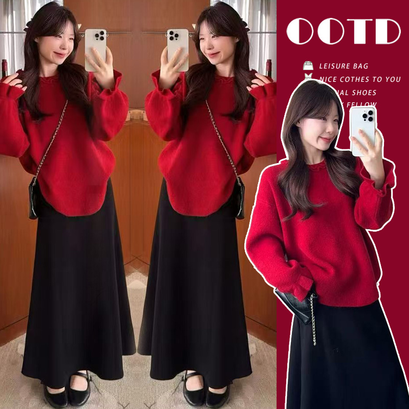 2025秋冬加厚孕妇装套装慵懒风圣诞过年红色毛衣上衣+半身裙显瘦