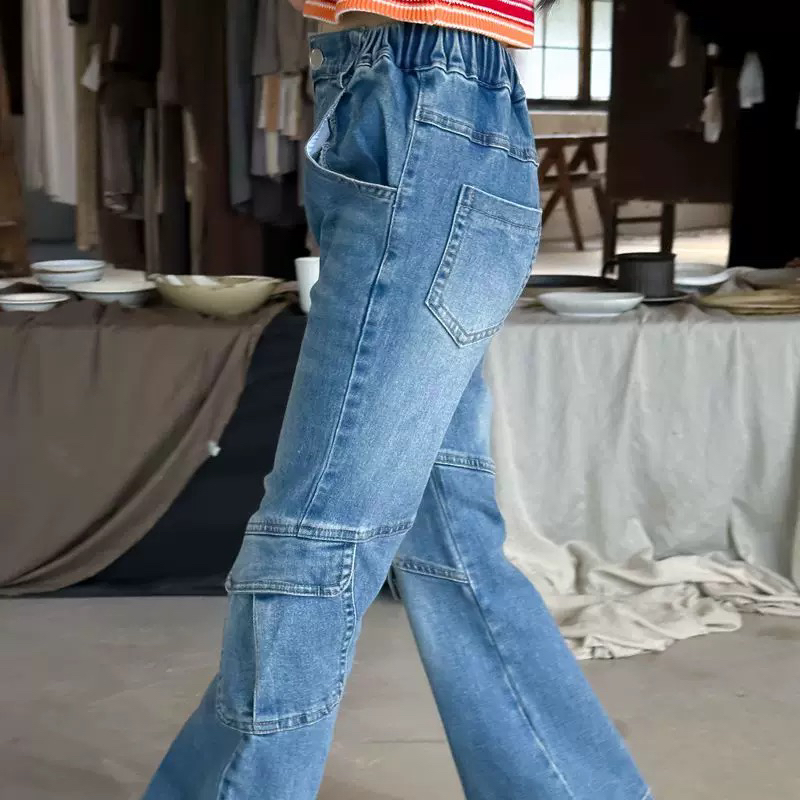 女童拼接牛仔喇叭裤