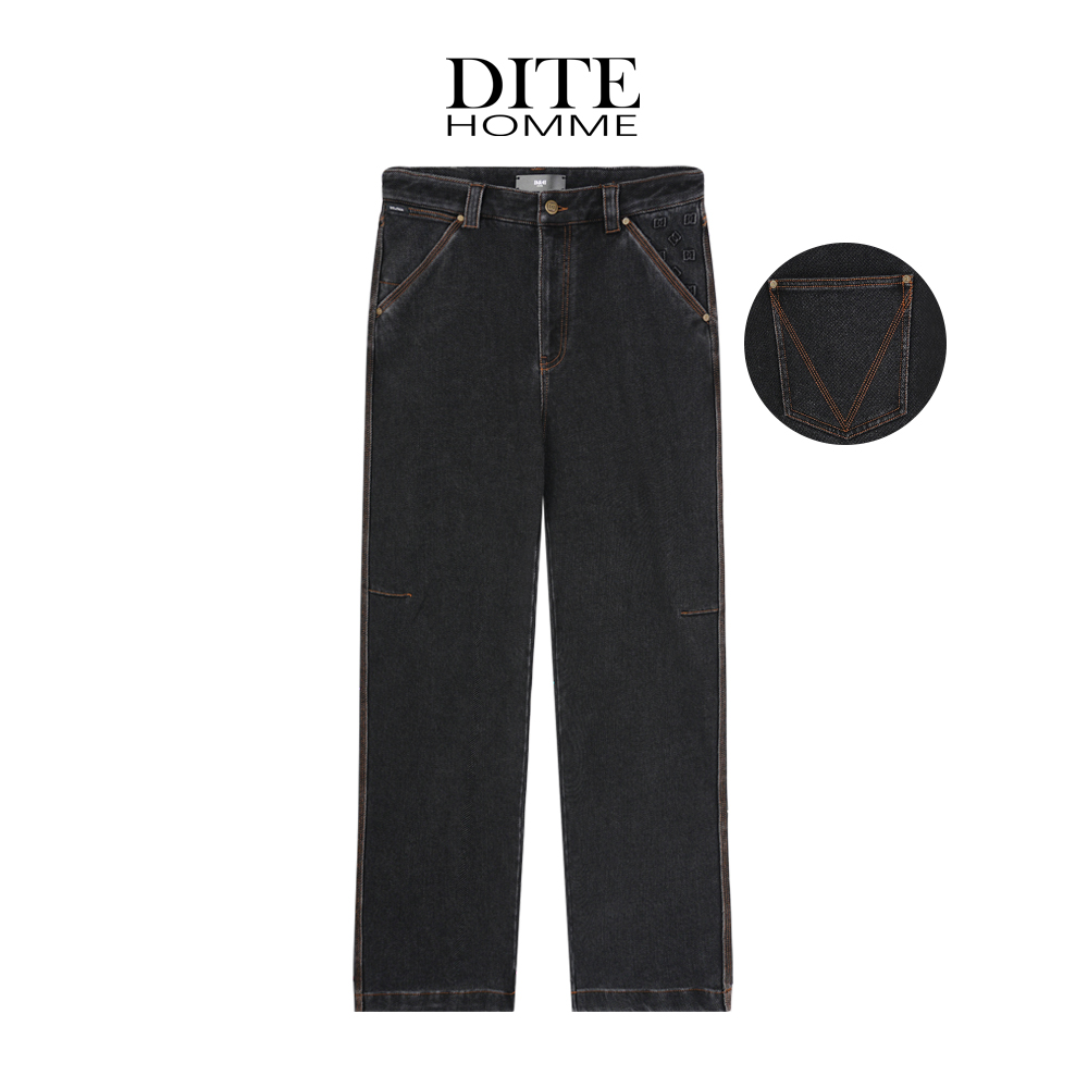 Dite迪特男士新款厚款秋冬刺绣水洗黑明线牛仔裤男士微阔男装直筒
