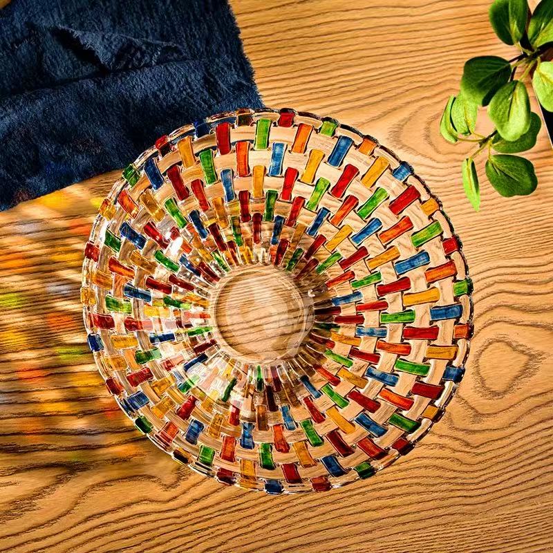 轻奢手绘撞色大容量编织纹果盘彩绘水晶玻璃高档沙拉碗单只