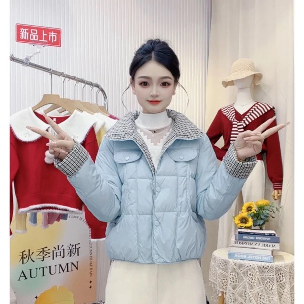 2025冬季新款格子拼接撞色立领加厚保暖时尚百搭短款棉服