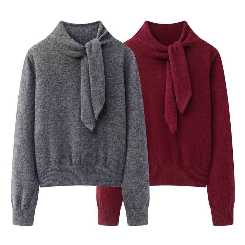 迪家同款2025秋冬新款时尚百搭飘带领结针织衫毛衣上衣w367136