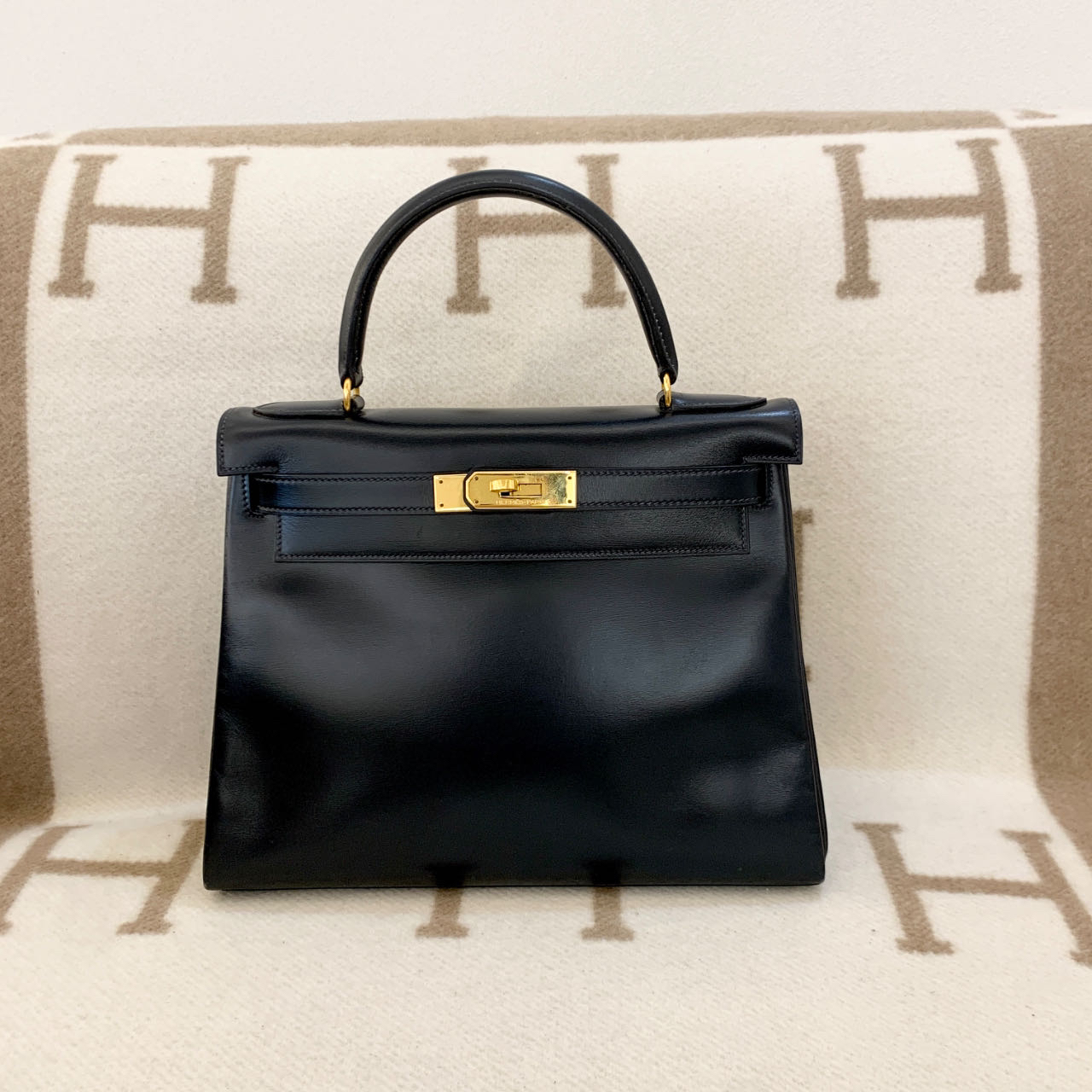 99新 Hermes/爱马仕 kelly 28 圈R box  印度蓝手提包pp0527a0