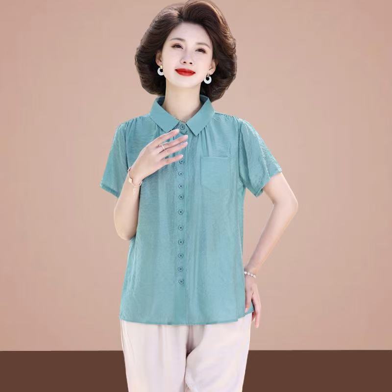 8968-中年夏装纯色短袖衬衫T恤新款女夏季时尚洋气小衫【B仓东】
