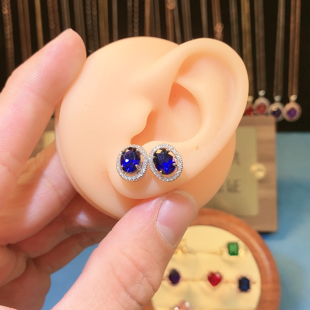 蓝宝石耳饰银S925镶嵌