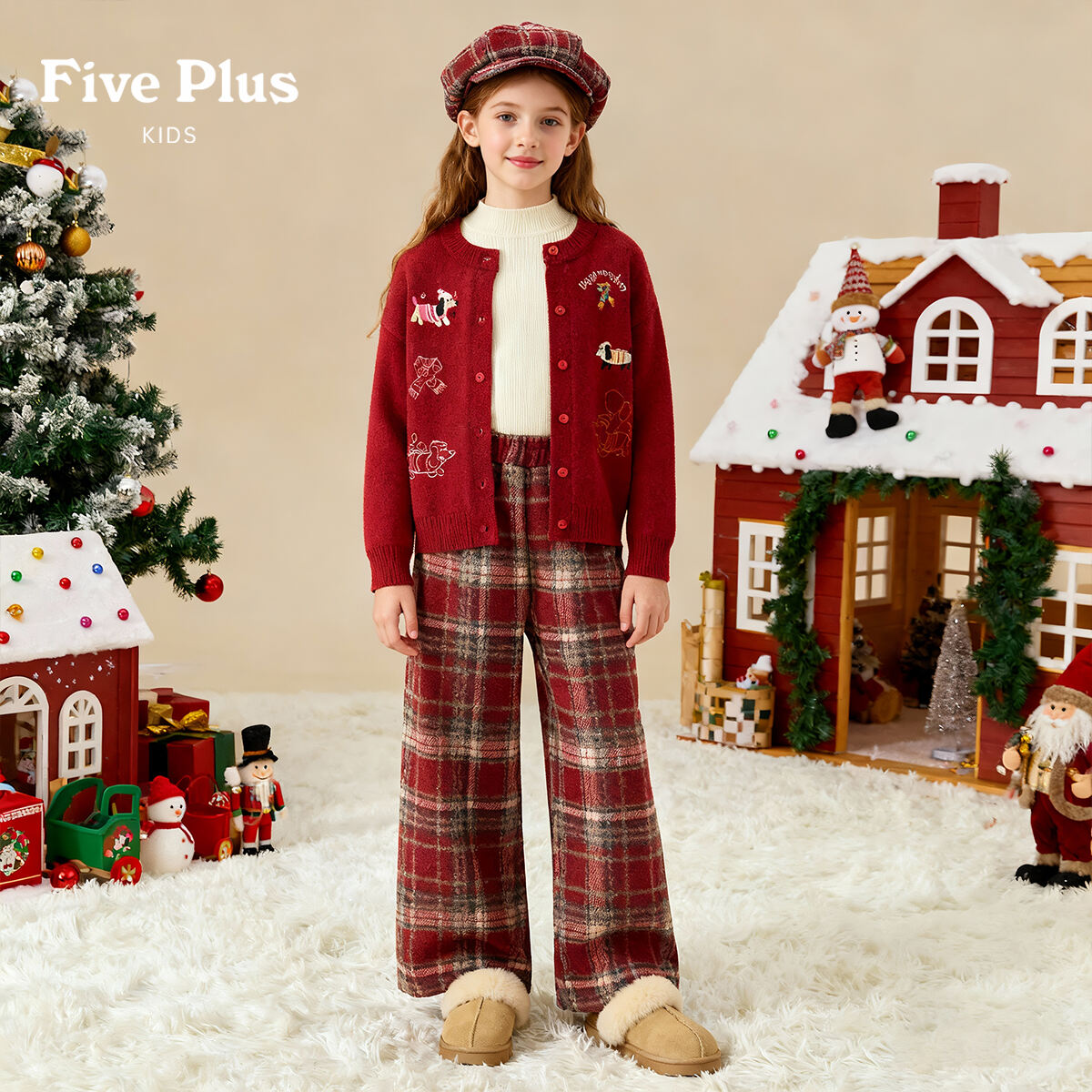 Five Plus女童冬套装2026新款儿童拜年服红色毛衣格子阔腿裤冬装