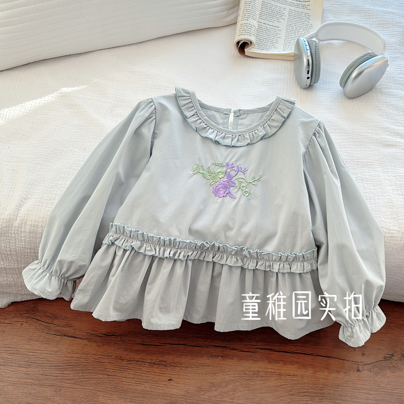 女童时尚春装新款泡泡袖衬衫洋气蓝色刺绣小花洋气娃娃欧若风童装