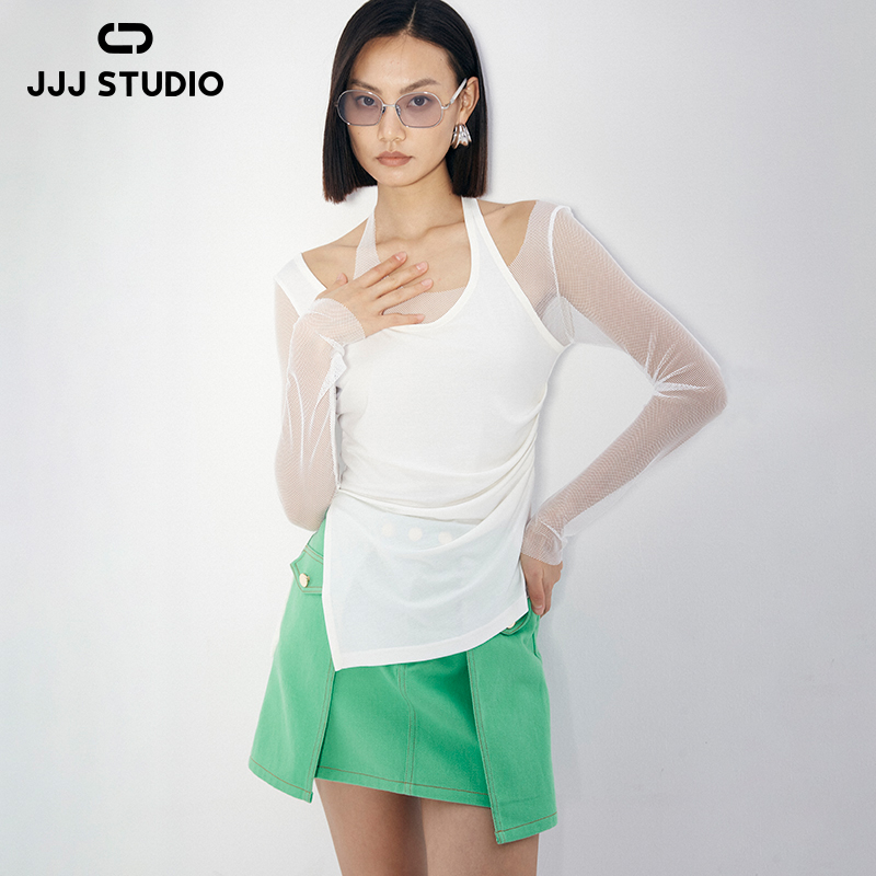 JJJ STUDIO 白色假两件错位设计透气时尚长袖上衣女装 JKWFS1N091