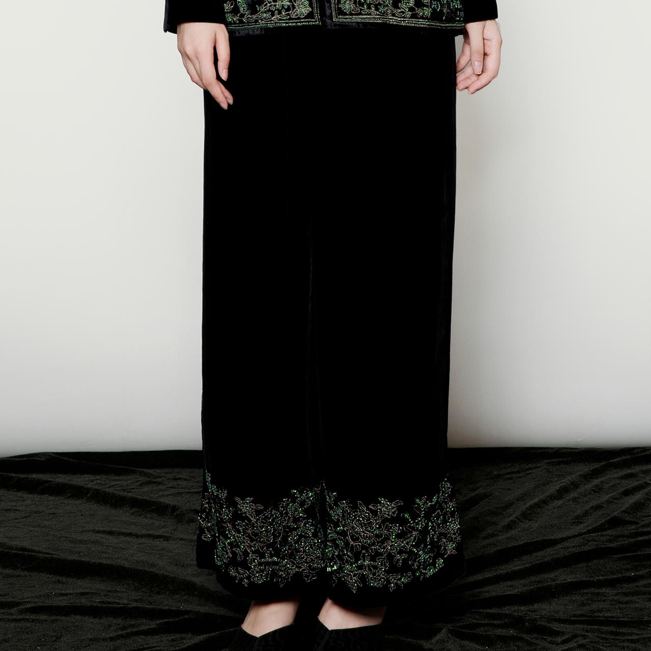 盛唐婧新中式真丝绒重工钉珠直筒裤新款时尚洋气百搭女装小众炸街