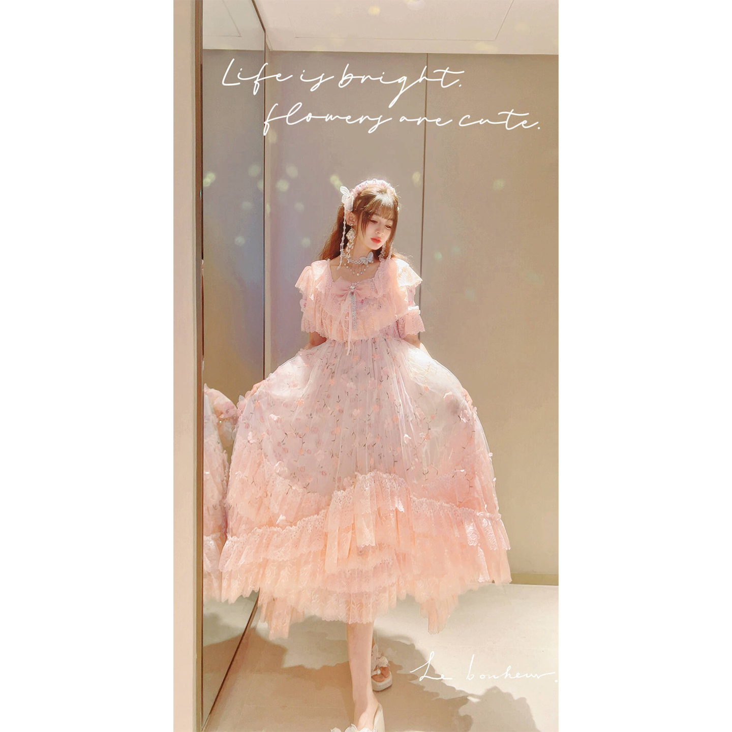 38气质立体碎花刺绣公主大裙摆清新连衣裙甜美蛋糕蓬蓬长裙裙子