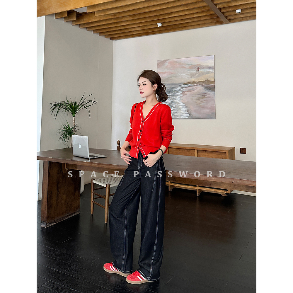 早秋新款复古弯刀裤女款原牛黑阔腿牛仔裤宽松休闲百搭简约裤子女