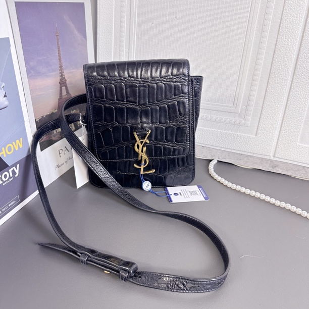 95新 YSL/圣罗兰 黑金鳄鱼手拿单肩包