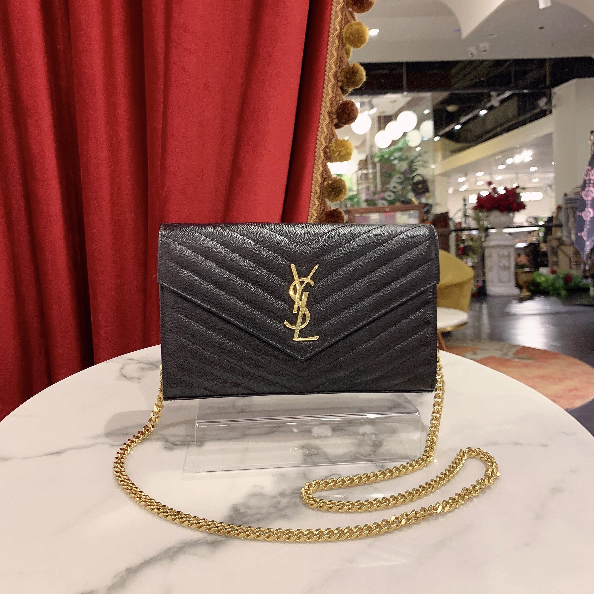 95新 YSL/圣罗兰 GGS信封中号黑色金扣荔枝牛皮单肩包26159401
