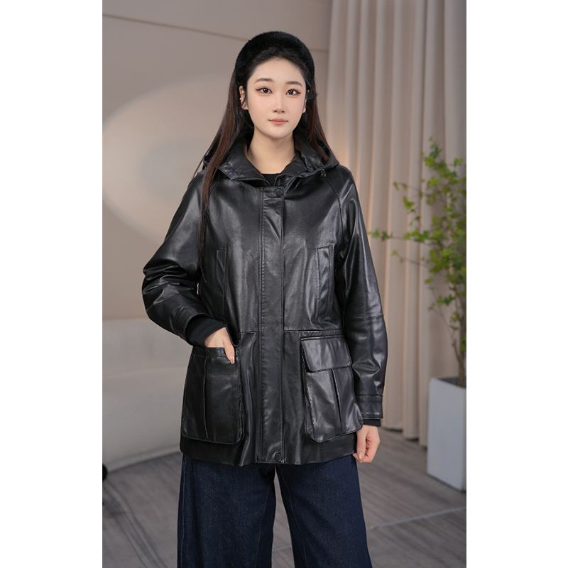 冬款连帽新款皮衣百搭时尚宽松版羊皮鹅绒大口袋休闲真皮风衣外套