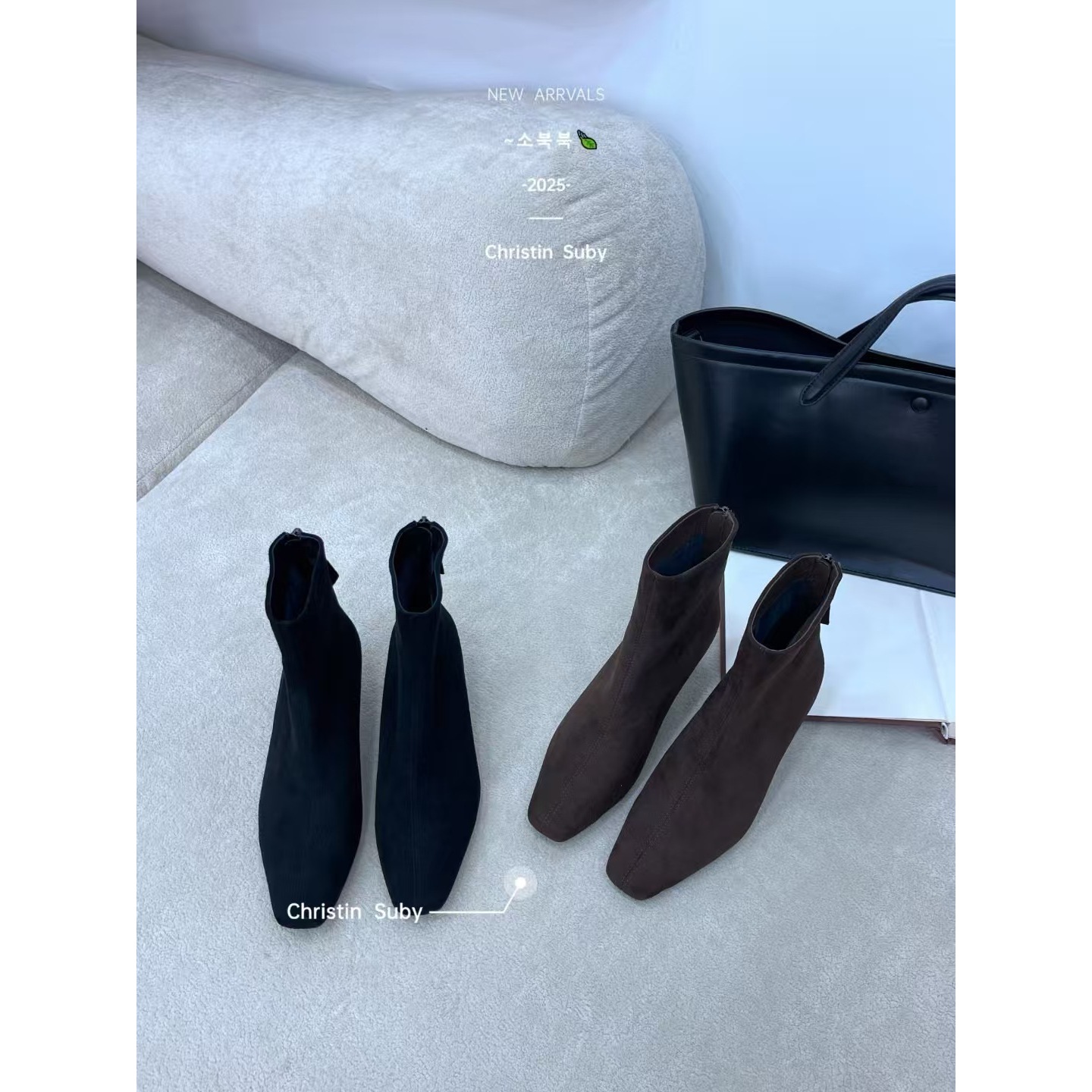 S55183261纯色百搭瘦瘦短靴时尚方头粗跟短筒靴