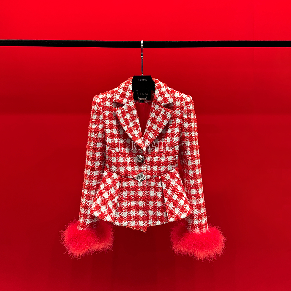 【L.K.BABY】名媛世家A 法式赫本千金新年氛围感千鸟格香香羽毛外套
