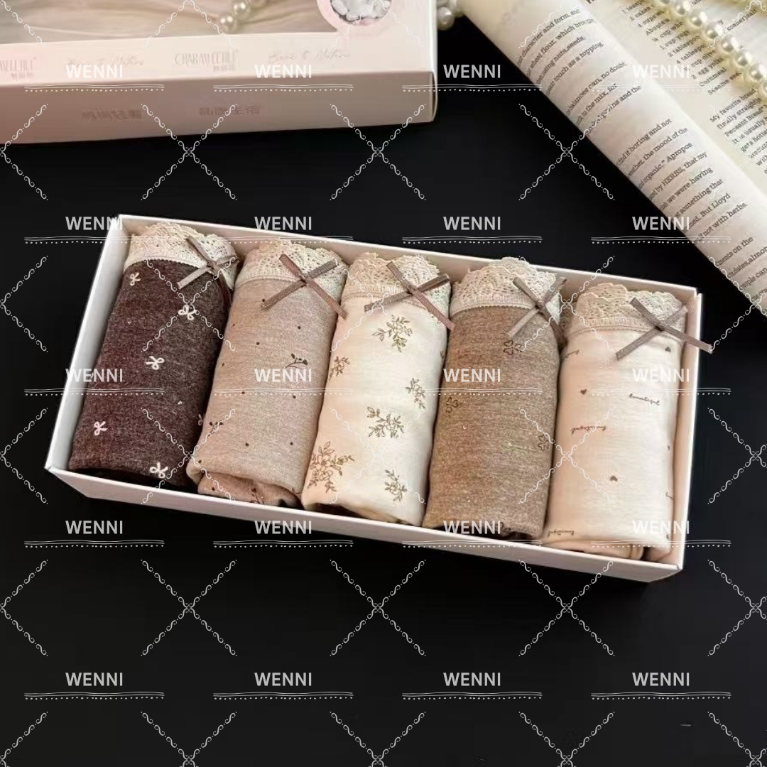 WENNI 【森系盒装内裤】秋冬女士蕾丝边森系印花Y绒内裤