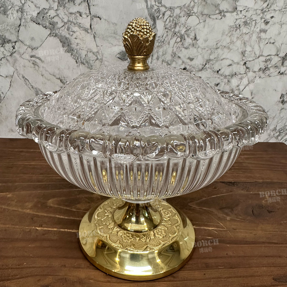 博瑞奇复古黄铜带盖高脚玻璃水果糕点盘桌面装饰摆件10041