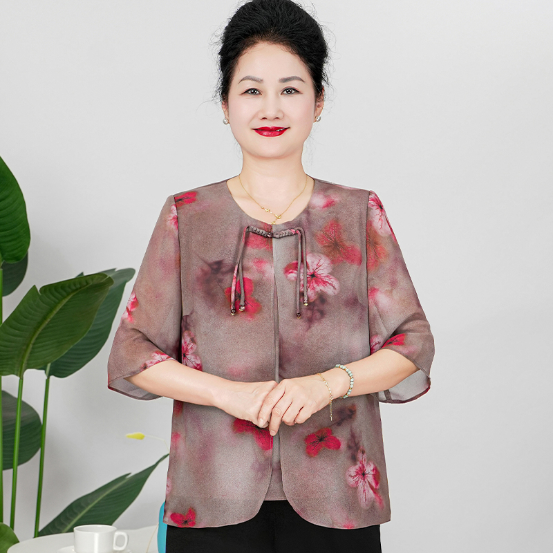华太太胖妈妈女装夏季洋气大码宽松短袖印花薄款中老年B5931B
