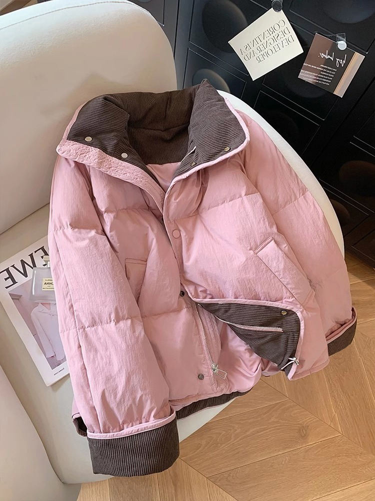 高级感灯芯绒撞色拼接立领棉服女2025秋冬季韩系加厚保暖夹棉外套