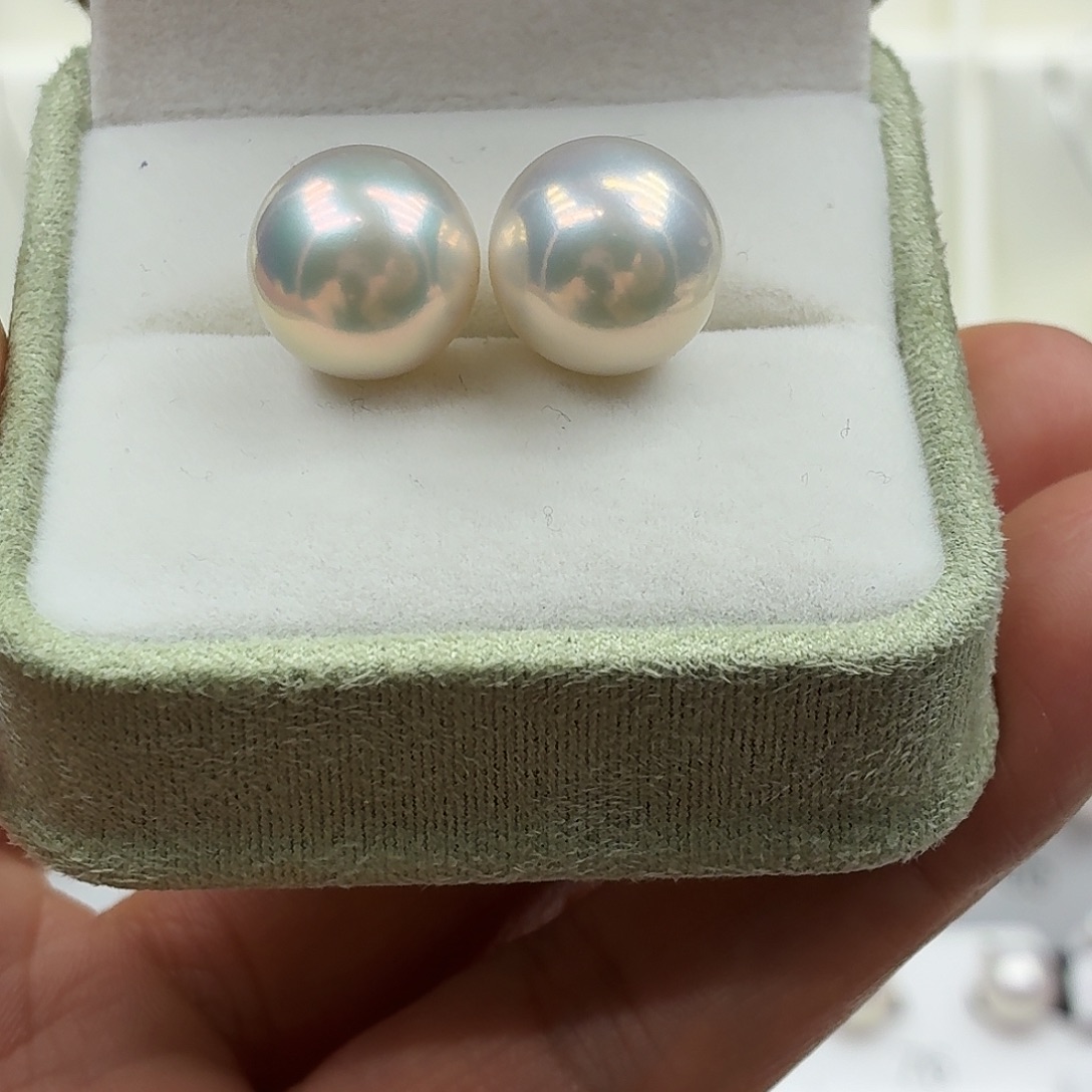 银珍珠耳钉正圆极光12-13