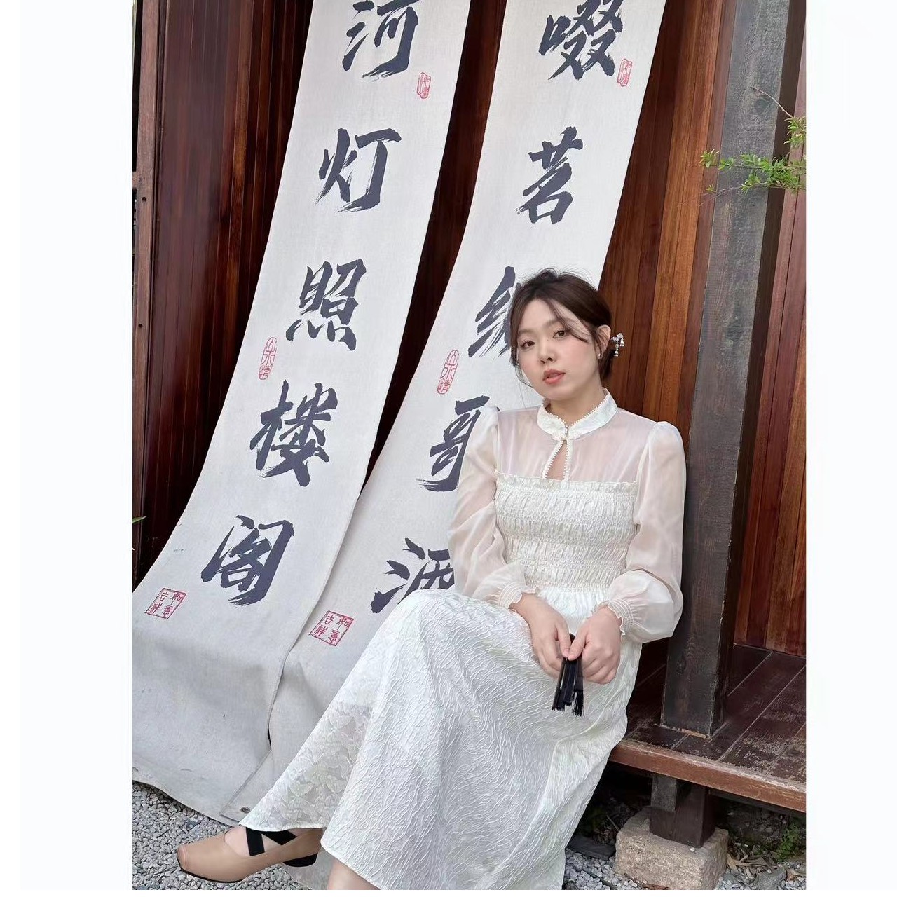 晶咕JG【琉璃晚香】盘扣拼纱收腰气质连衣裙蕾丝国风白色复古