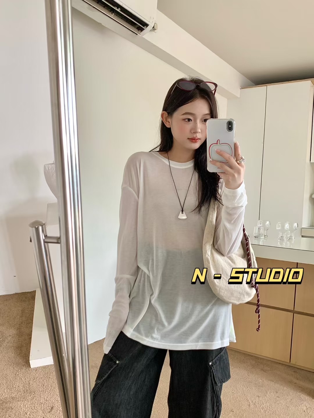 【纯熙+】F4293早秋新款透肉后领贝壳小标T恤长袖女韩版宽松上衣