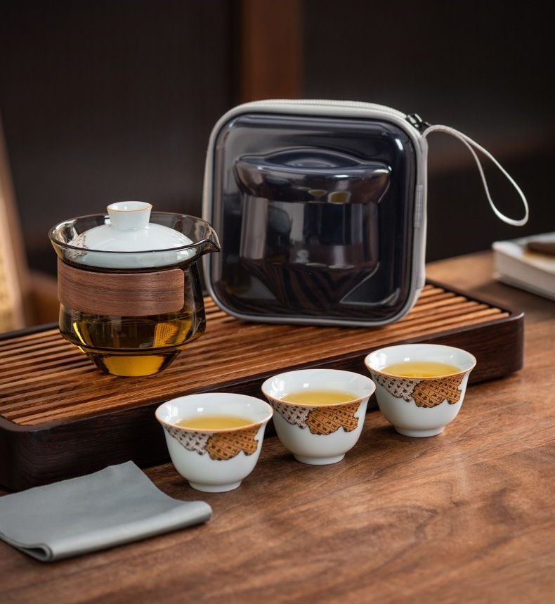 八破图快客旅行手抓盖碗烟灰玻璃茶具茶杯便携式泡茶壶收纳套装