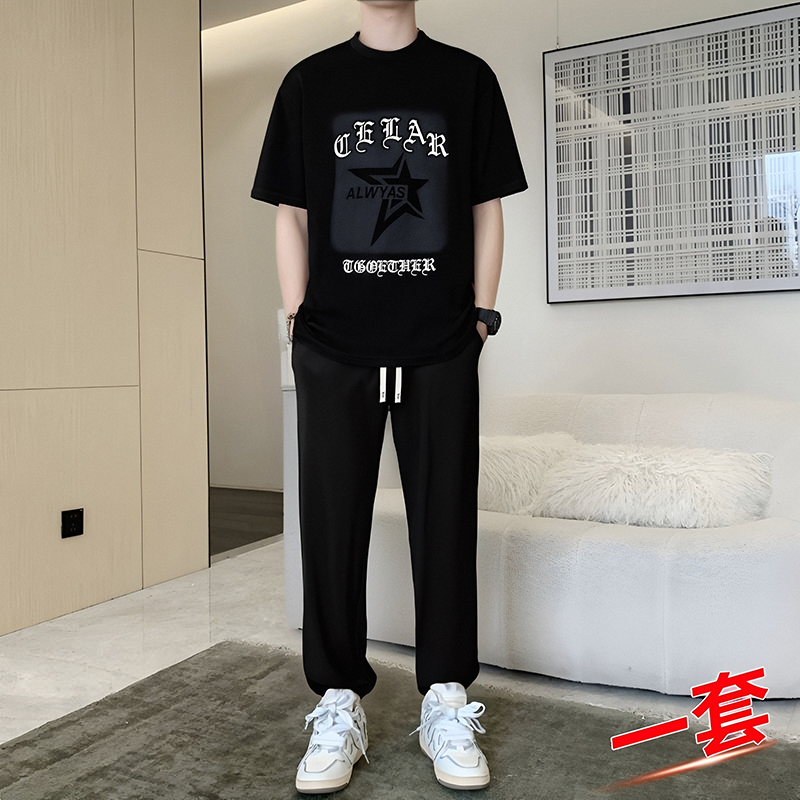 青少年夏季印花短袖套装男休闲套装上衣裤子两件套男士时尚套装男