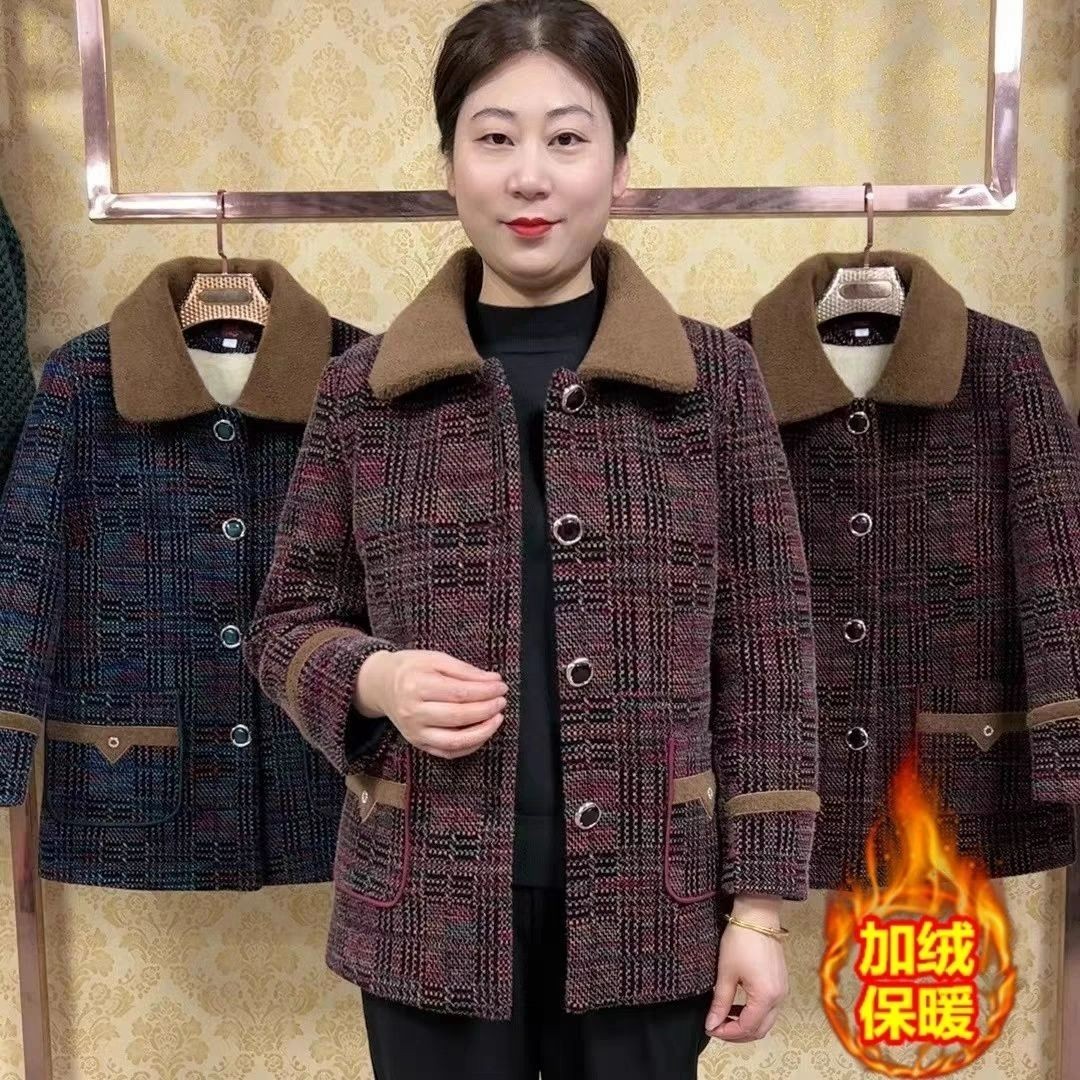 中老年妈妈装冬款加绒加厚洋气外套奶奶翻领开衫保暖棉衣格子外套