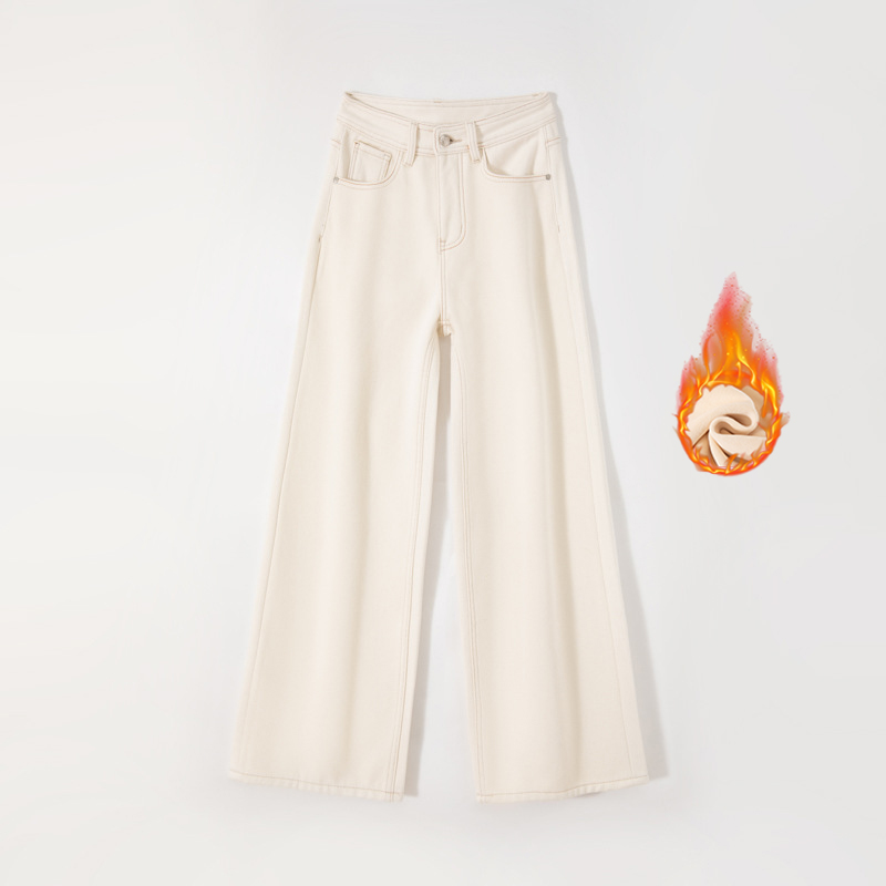 2025冬季初雪白色加绒阔腿牛仔裤女通勤保暖环保直筒长裤子AZ058